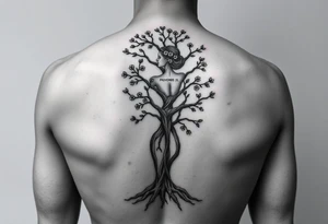 back tattoo with proverbs 31 with tree of life woman tattoo woman’s body as the trunk with no head  with roots and branches from neck with  small flowers from a few branches tattoo idea