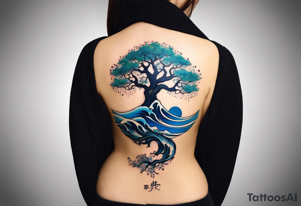 A tattoo of an abstract Tree of Life tattoo to be placed directly on the bicep of a woman. It can wrap around the arm a little. It should have roots growing out of the bottom. The roots slowly turn into water from the Great Wave by Hokusai. A golf flag should be placed discreetly growing out of the ground. 2 license plate tags should be hanging from the tree. Place a few music notes in the areas the leaves should be. The letters A U should be engraving into the tree trunk in a heart. tattoo idea