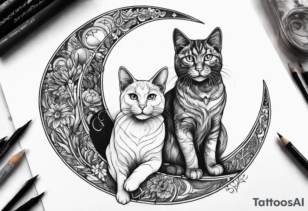 2 cats and crescent moon tattoo idea