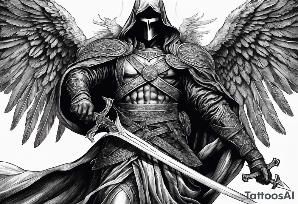 realistic angel of death, man, full body, no face visible, holding one sword, sword vertically pointing downwards, both hands are holding the sword tattoo idea