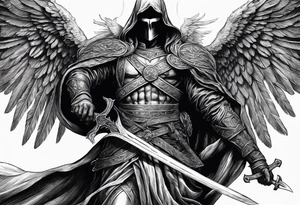 realistic angel of death, man, full body, no face visible, holding one sword, sword vertically pointing downwards, both hands are holding the sword tattoo idea