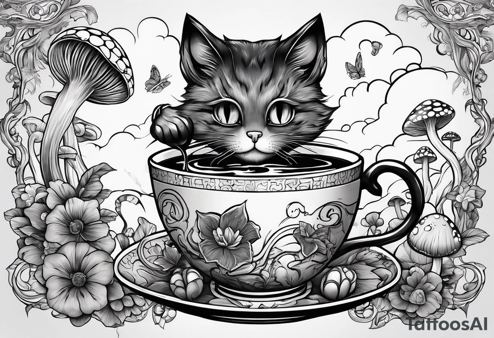 A mysterious cat taking a hot mushrooms cup of tea tattoo idea