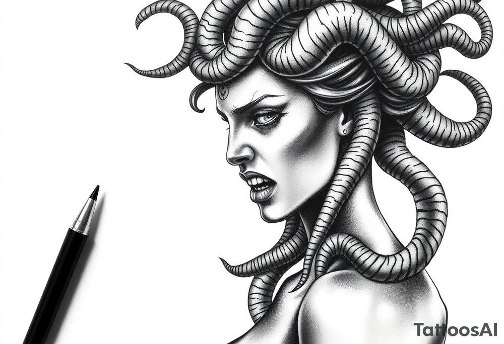 Scary Greek female god medusa with snake hairs tattoo idea