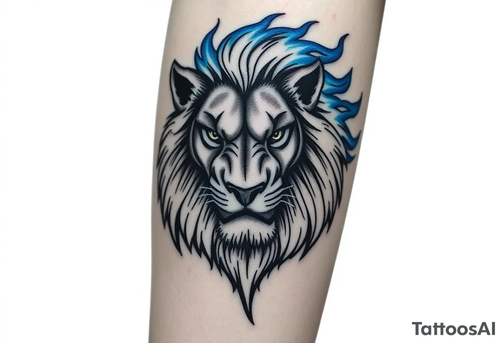 Powerful, fierce stoic lions head, whose mane turns into blue flames that swirl up my arm with blue embers tattoo idea