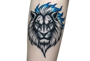 Powerful, fierce stoic lions head, whose mane turns into blue flames that swirl up my arm with blue embers tattoo idea