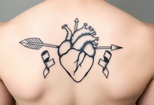 anatomical heart pierced by ornate arrow with flowing ribbons tattoo idea