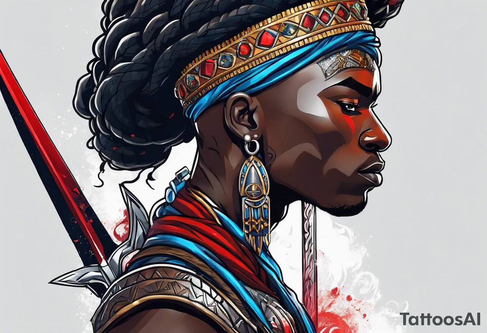 An african god, a bald black-skinned warrior, that uses a sword and a silver crown. He also uses blue and red necklaces tattoo idea