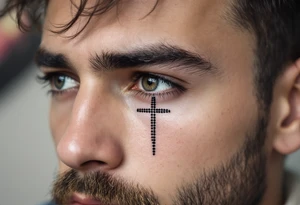 A simple dot-style cross binked in deep black under the other eye on man face under a man’s right eye. tattoo idea