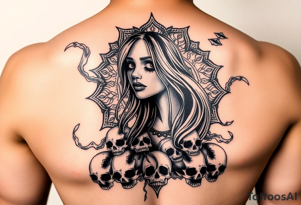 Gangsta sadgirl surrounded by mandala smoke and skulls tattoo idea