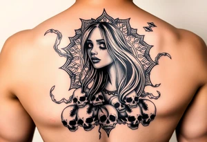 Gangsta sadgirl surrounded by mandala smoke and skulls tattoo idea