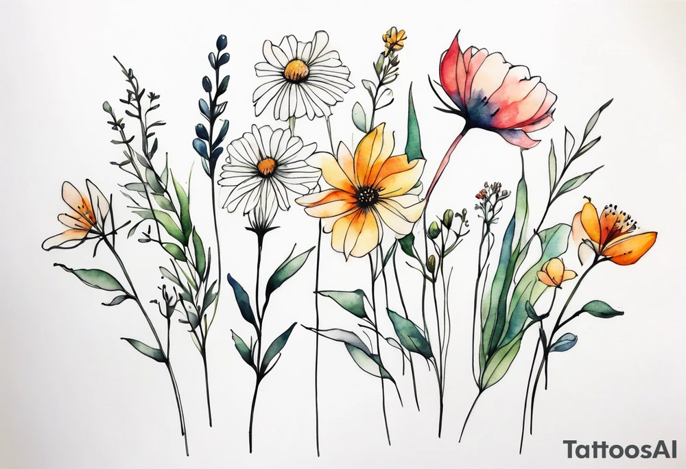 wild flowers long stems bouquet all watercolor tattoo idea