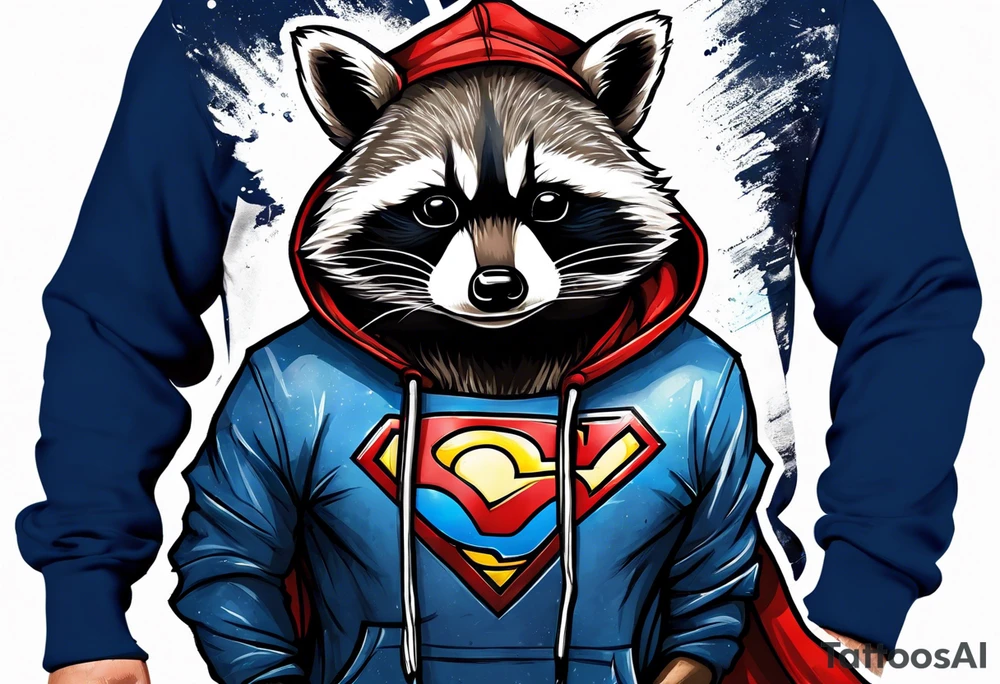 raccoon wearing a Superman hoodie tattoo idea