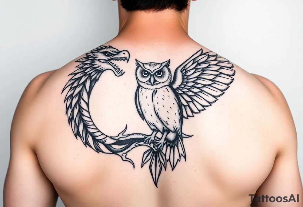 Tribal dragon and owl tattoo idea