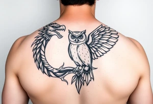 Tribal dragon and owl tattoo idea