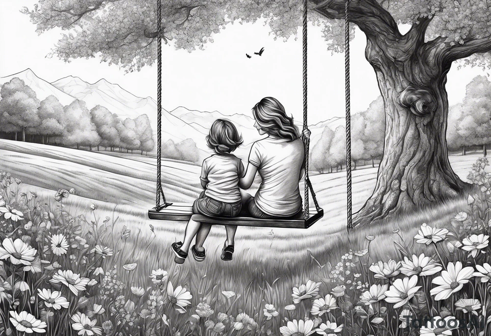 Mom with son and daughter on a swing in the distance in a field of flowers tattoo idea