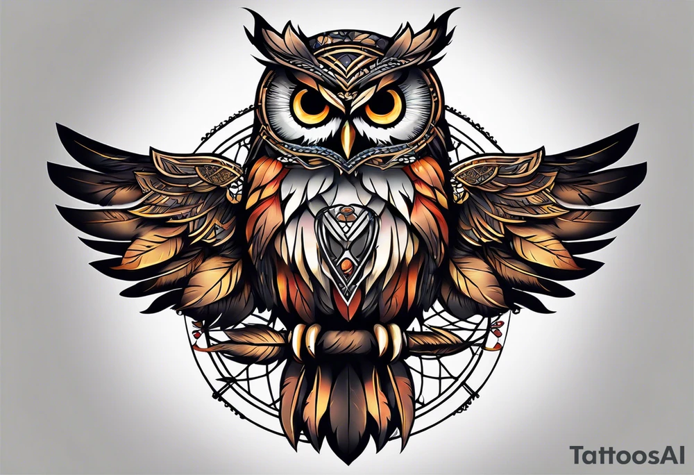 Owl and dreamcatcher back of calf sleeve tattoo idea