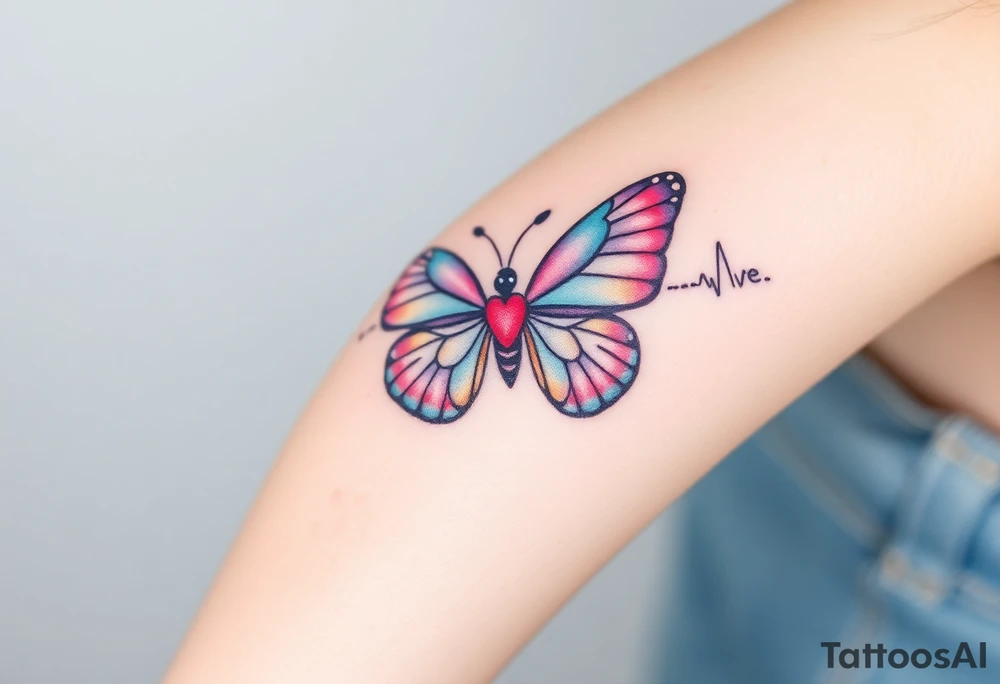 A heartbeat line transforming into a butterfly, with delicate wings painted in pastel pinks and blues, symbolizing transformation and love. tattoo idea