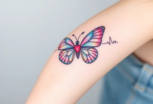 A heartbeat line transforming into a butterfly, with delicate wings painted in pastel pinks and blues, symbolizing transformation and love. tattoo idea