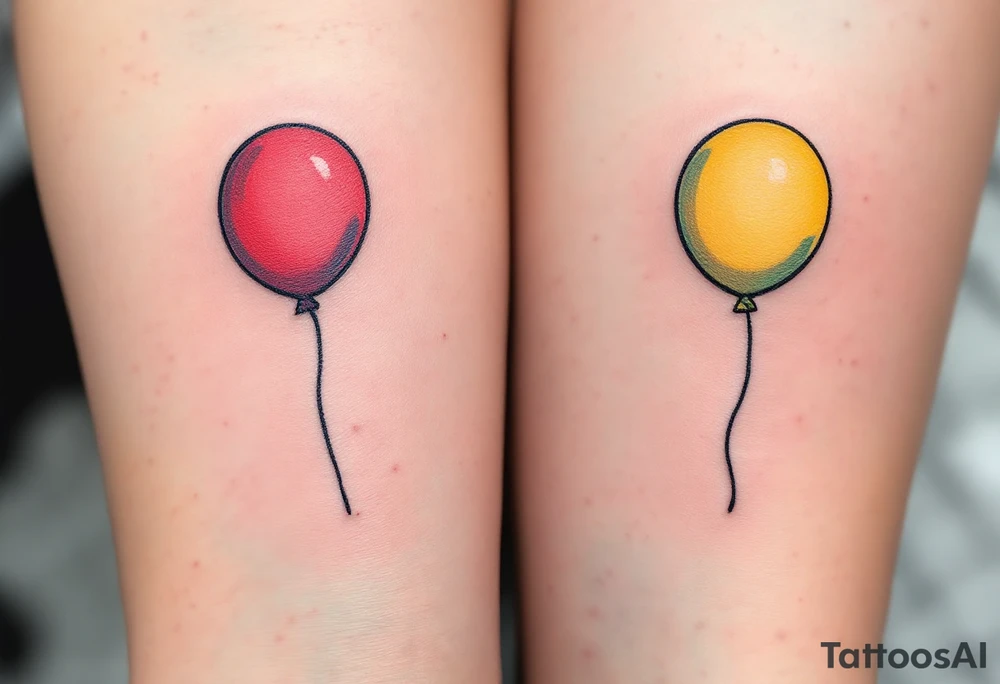 Two matching colorful balloons, the first bright red and the second bright yellow, placed on each person’s forearm. tattoo idea