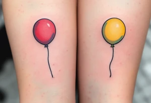 Two matching colorful balloons, the first bright red and the second bright yellow, placed on each person’s forearm. tattoo idea