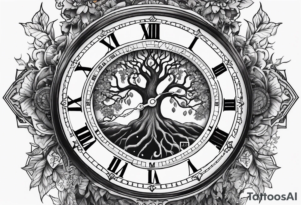 Yggdrasil with an old watch face. Half the watch face is broken. tattoo idea