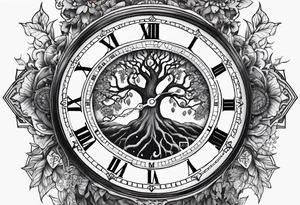 Yggdrasil with an old watch face. Half the watch face is broken. tattoo idea