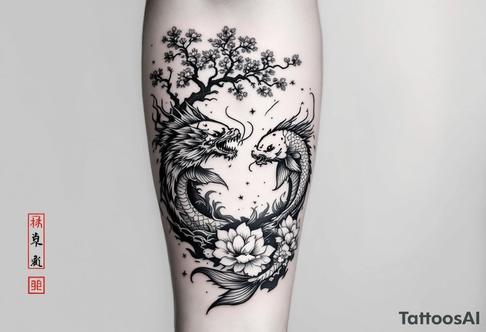 koi fish fighting a dragon with a sakura tree in the background, Japanese inspired piece tattoo idea