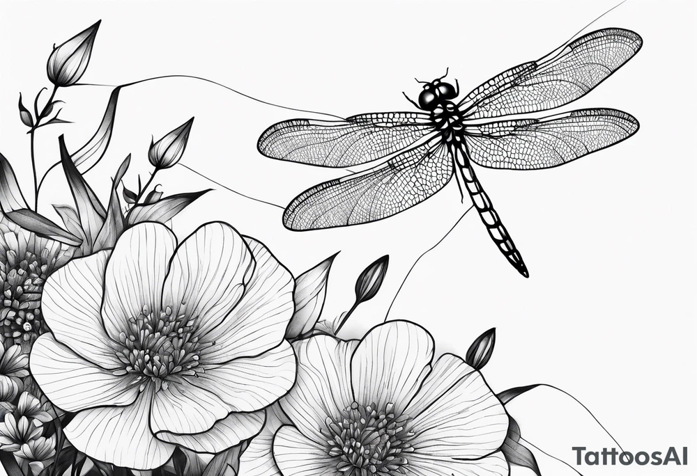 Dragonfly in flight wildflowers simplistic minimalist tattoo idea