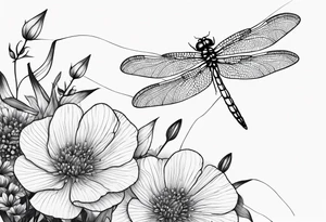 Dragonfly in flight wildflowers simplistic minimalist tattoo idea