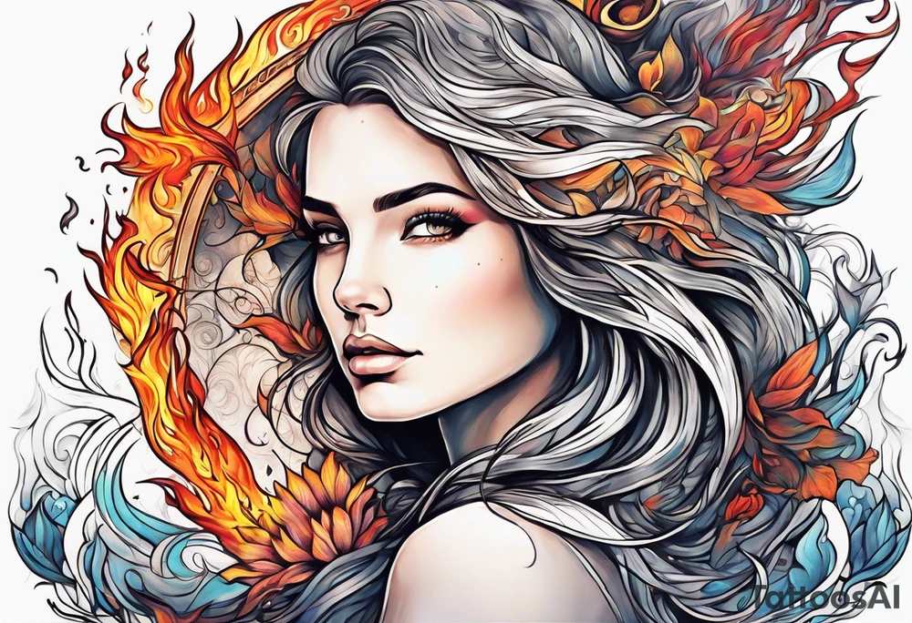 Resurrection strength and courage Beautiful Woman walking through fire and chaos to inner peace and self-love  ethereal tattoo idea
