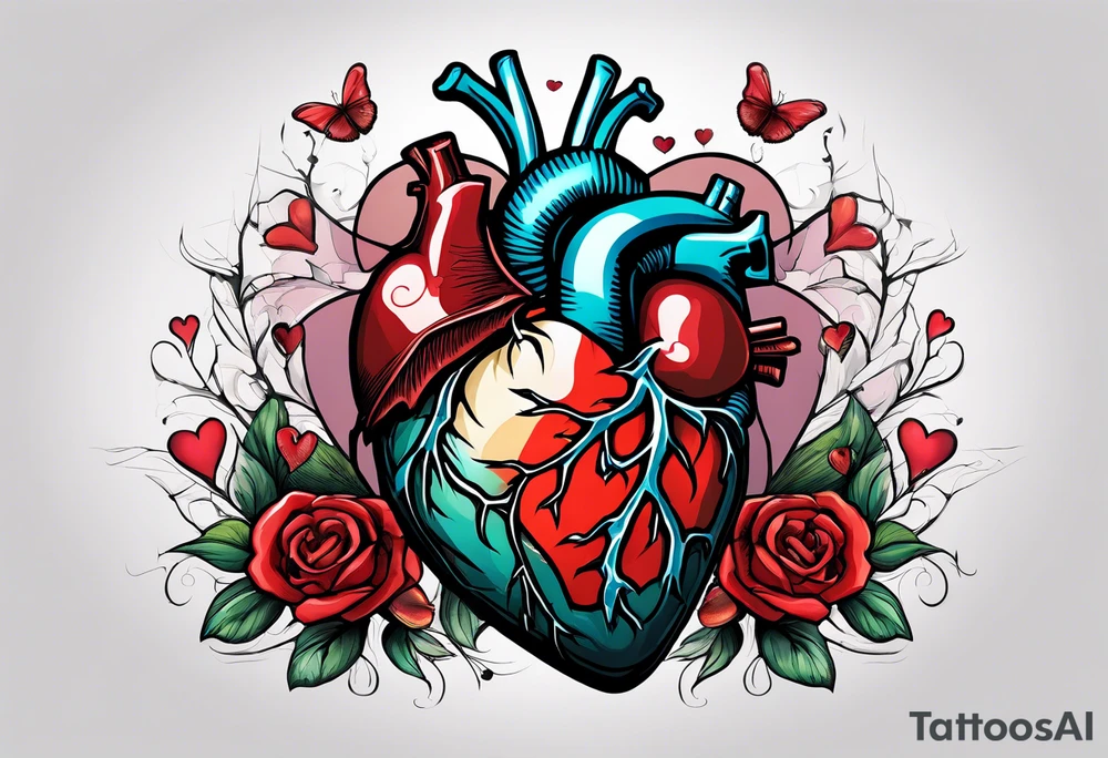 Anatomical heart, broken, laying on ground, Moth flying above the heart tattoo idea