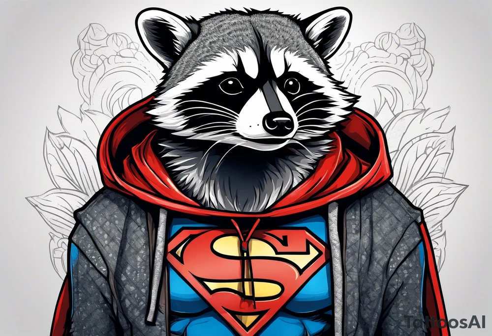 raccoon wearing a Superman hoodie tattoo idea