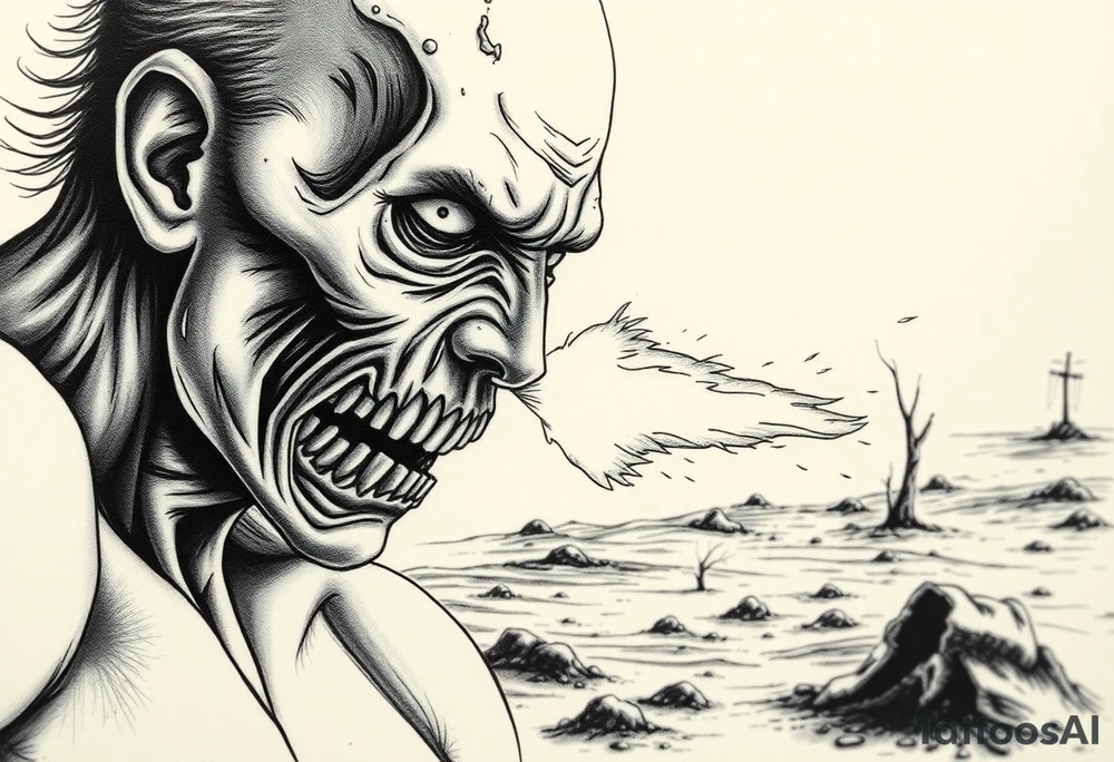 Close-up zombie face, shotgun fire erupting, desolate wasteland background. tattoo idea