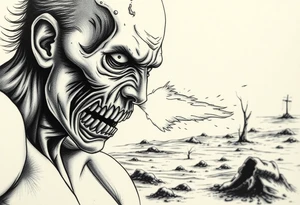 Close-up zombie face, shotgun fire erupting, desolate wasteland background. tattoo idea