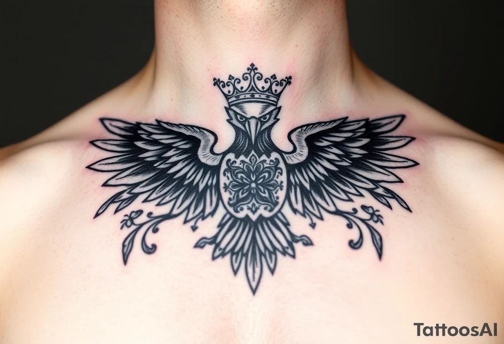 Chest tattoo,powerful two polish symetricals majestic darks eagle with crown, surrounded by lure ornaments tattoo idea