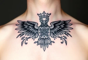 Chest tattoo,powerful two polish symetricals majestic darks eagle with crown, surrounded by lure ornaments tattoo idea