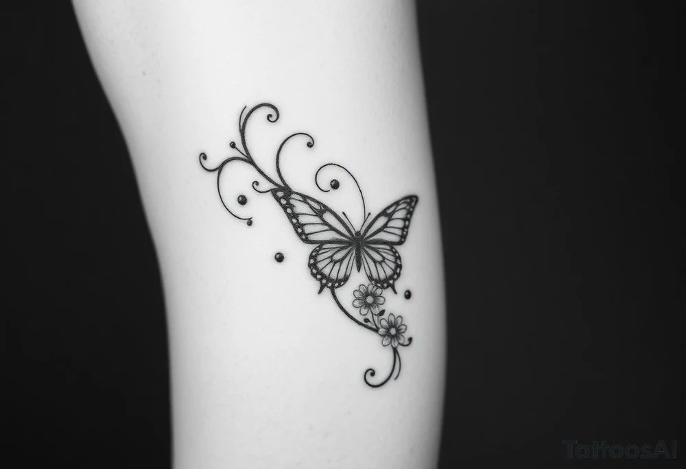 swirl pattern with butterfly and daisy leg tattoo design drawon on leg. i want to sell this in zepeto i want it too be shown on thigh to ankle and be asymmetrical please also show the overall image of total leg too 

ㅁ tattoo idea