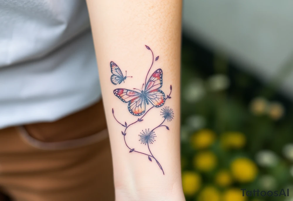 ethereal butterflies with vines of dandelions tattoo idea