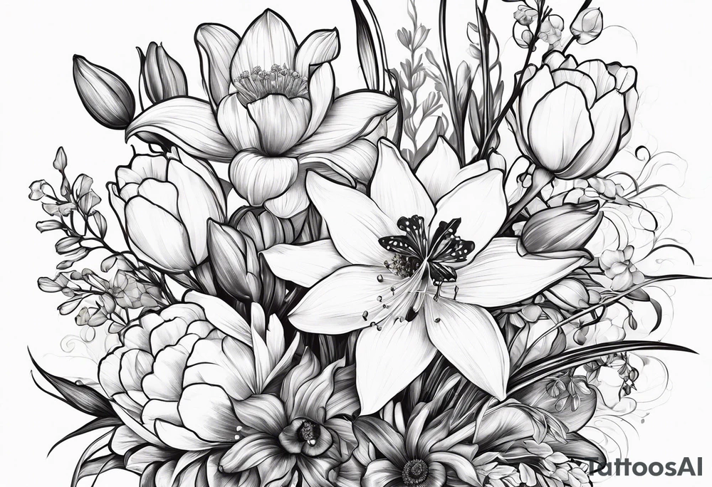 A bouquet of flowers with a water lily, gladiolus, poppy, lily of the valley, daffodil, and a honey suckle. With long stems and tied with a bow tattoo idea
