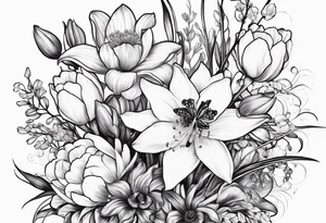 A bouquet of flowers with a water lily, gladiolus, poppy, lily of the valley, daffodil, and a honey suckle. With long stems and tied with a bow tattoo idea