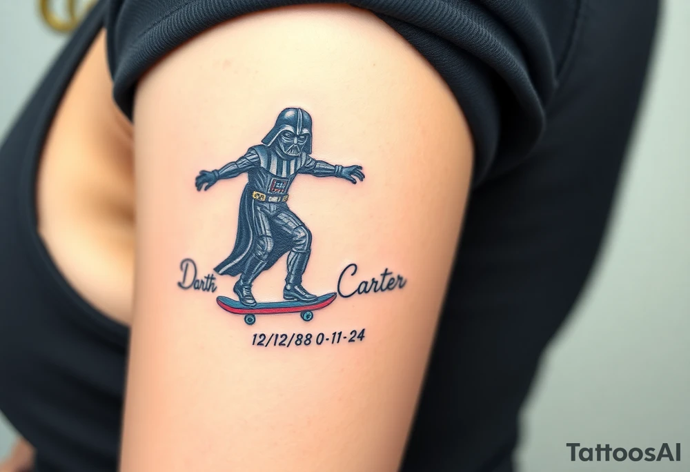 Darth Vader skateboarding >
blue & red
skateboard words "Darth Carter"
add date 12/29/88-01/06/24 tattoo idea