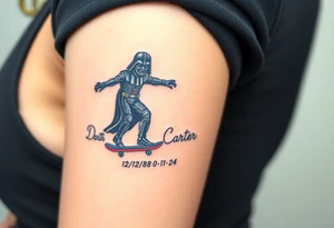 Darth Vader skateboarding >
blue & red
skateboard words "Darth Carter"
add date 12/29/88-01/06/24 tattoo idea