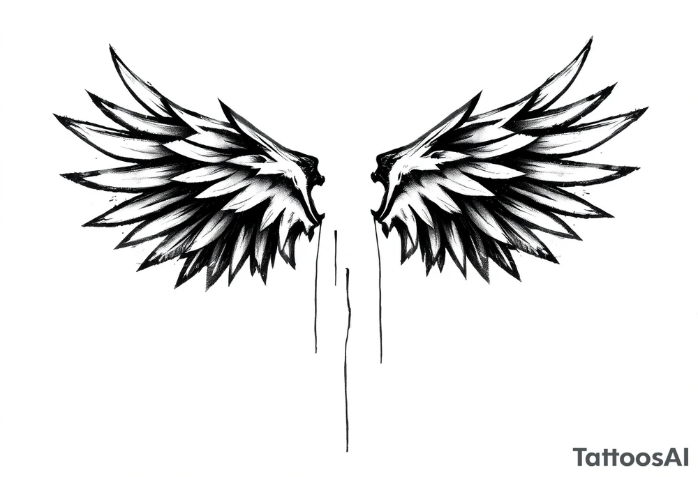 This tattoo design features a pair of stylized wings drawn in black ink with a sketch-like, abstract aesthetic. The wings are composed of sharp, angular feathers with jagged edges, giving them a rough, almost tribal or gothic appearance. The shading is done with a mix of soft gradients and stippling, adding depth and texture to the design. The center where the wings meet is fragmented, with thin lines extending downward, creating a sense of movement and raw energy. This design would make for a bold and edgy tattoo, symbolizing freedom, strength, or a rebellious spirit. tattoo idea