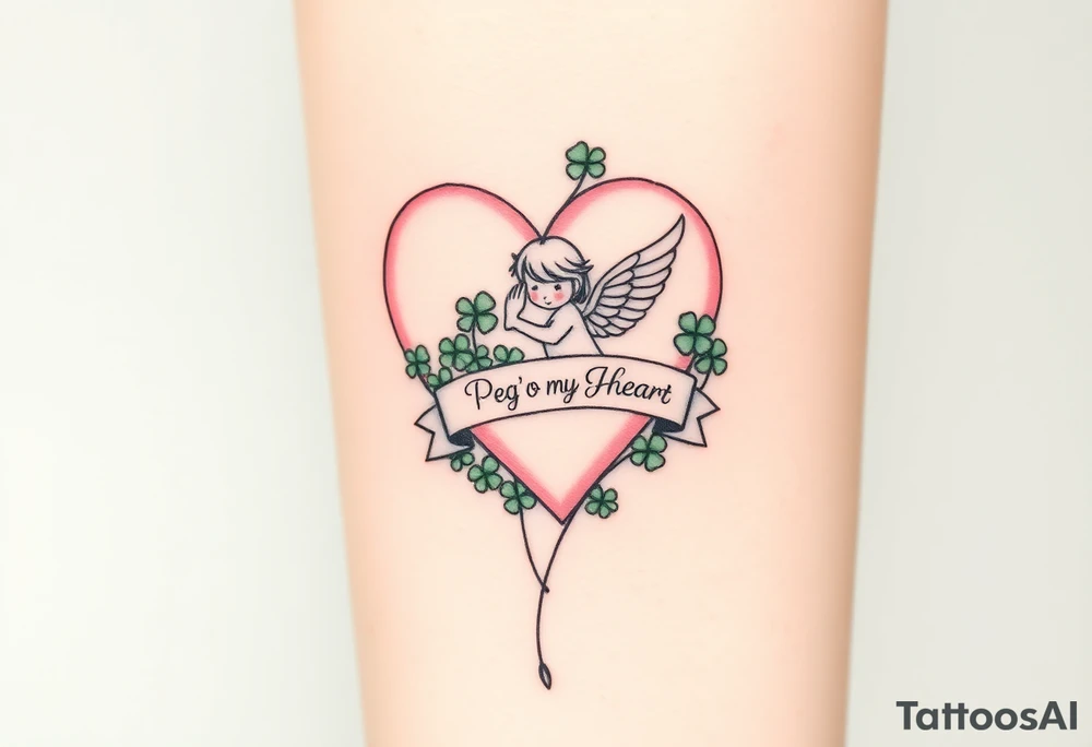 a big pale pink heart and a whimsical angel in a bunch of green shamrocks, with a banner across the heart that says Peg 'o My Heart tattoo idea