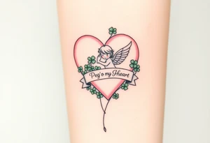 a big pale pink heart and a whimsical angel in a bunch of green shamrocks, with a banner across the heart that says Peg 'o My Heart tattoo idea