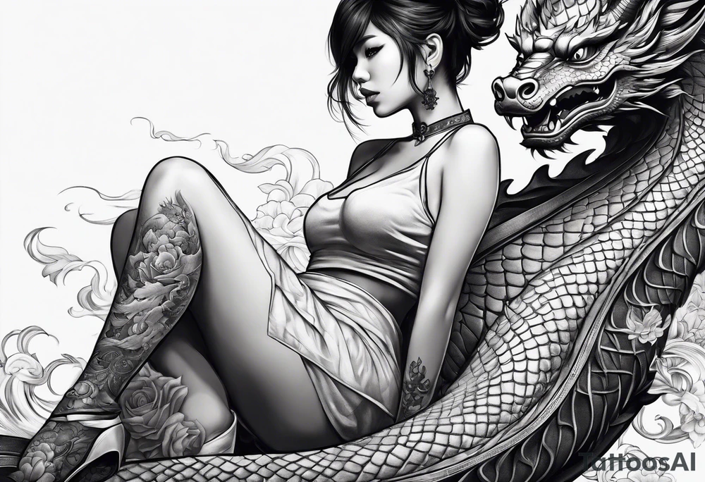 a girl sitting on a asian dragon tattoo idea