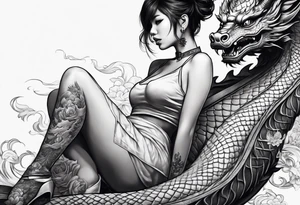 a girl sitting on a asian dragon tattoo idea