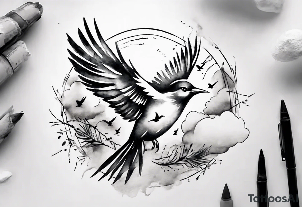 shoulder tattoo with light rays with birds flying free among the clouds, round shape, 3d effect tattoo idea