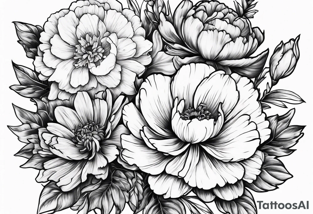 A stemless marigold, peony, and narcissus side by side tattoo idea