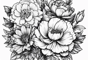 A stemless marigold, peony, and narcissus side by side tattoo idea